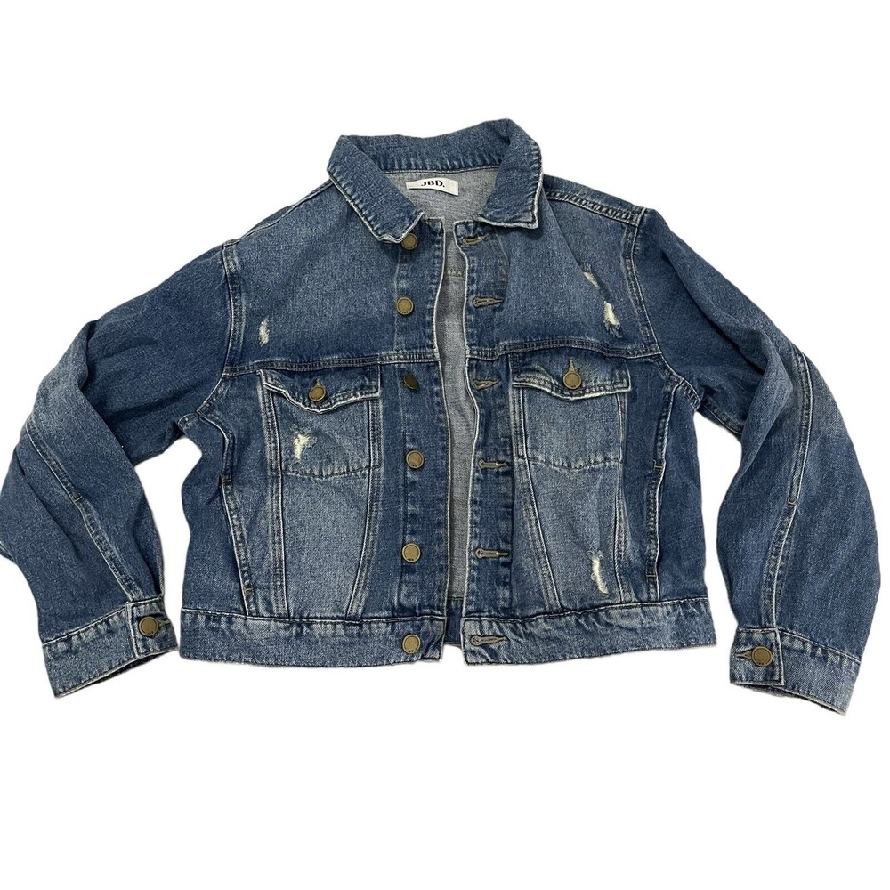 JBD Womens Small Blue Medium Wash Denim Distressed Jean Jacket Button Up